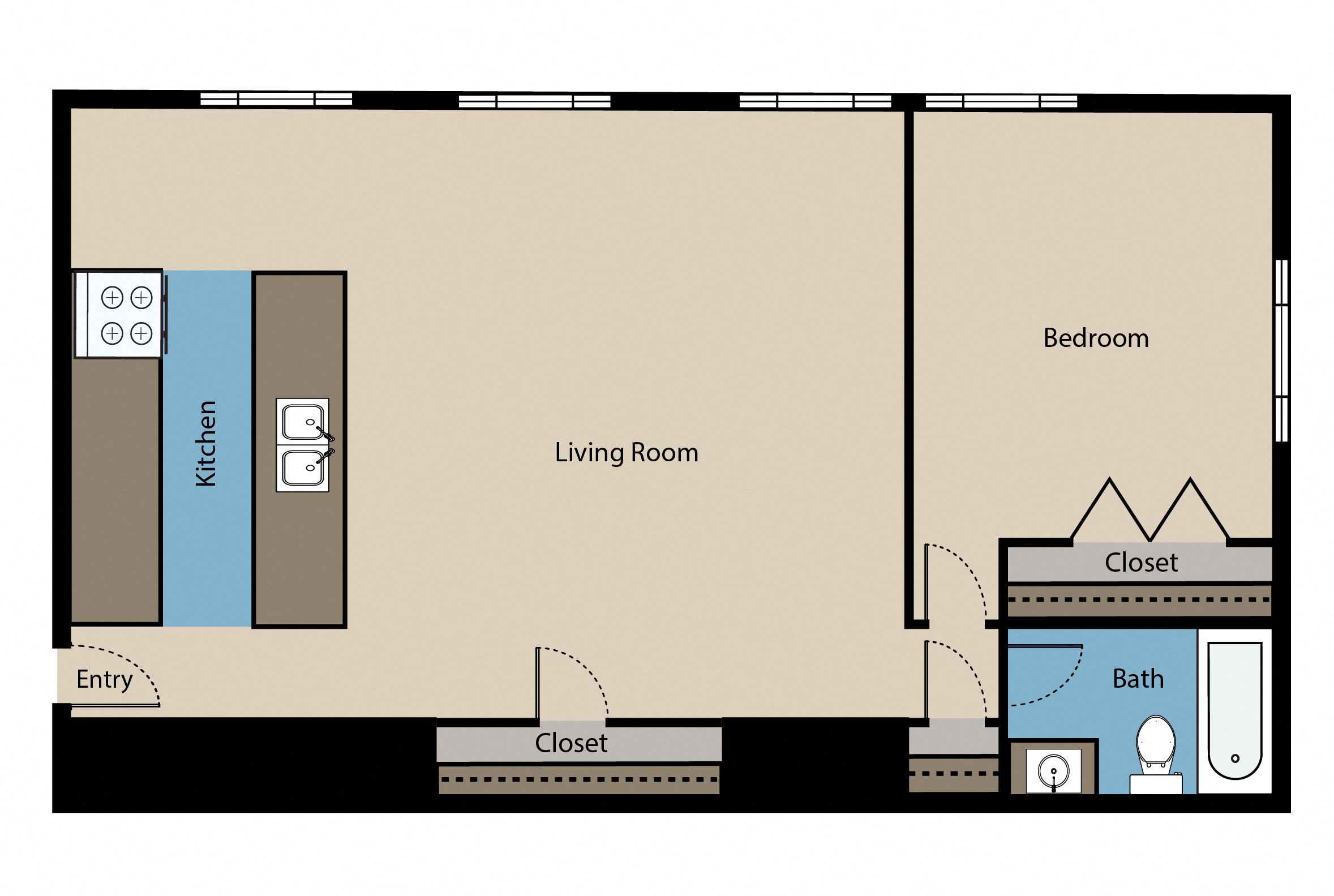Floor plan for 1 bed, 1 bath, 600 sqft